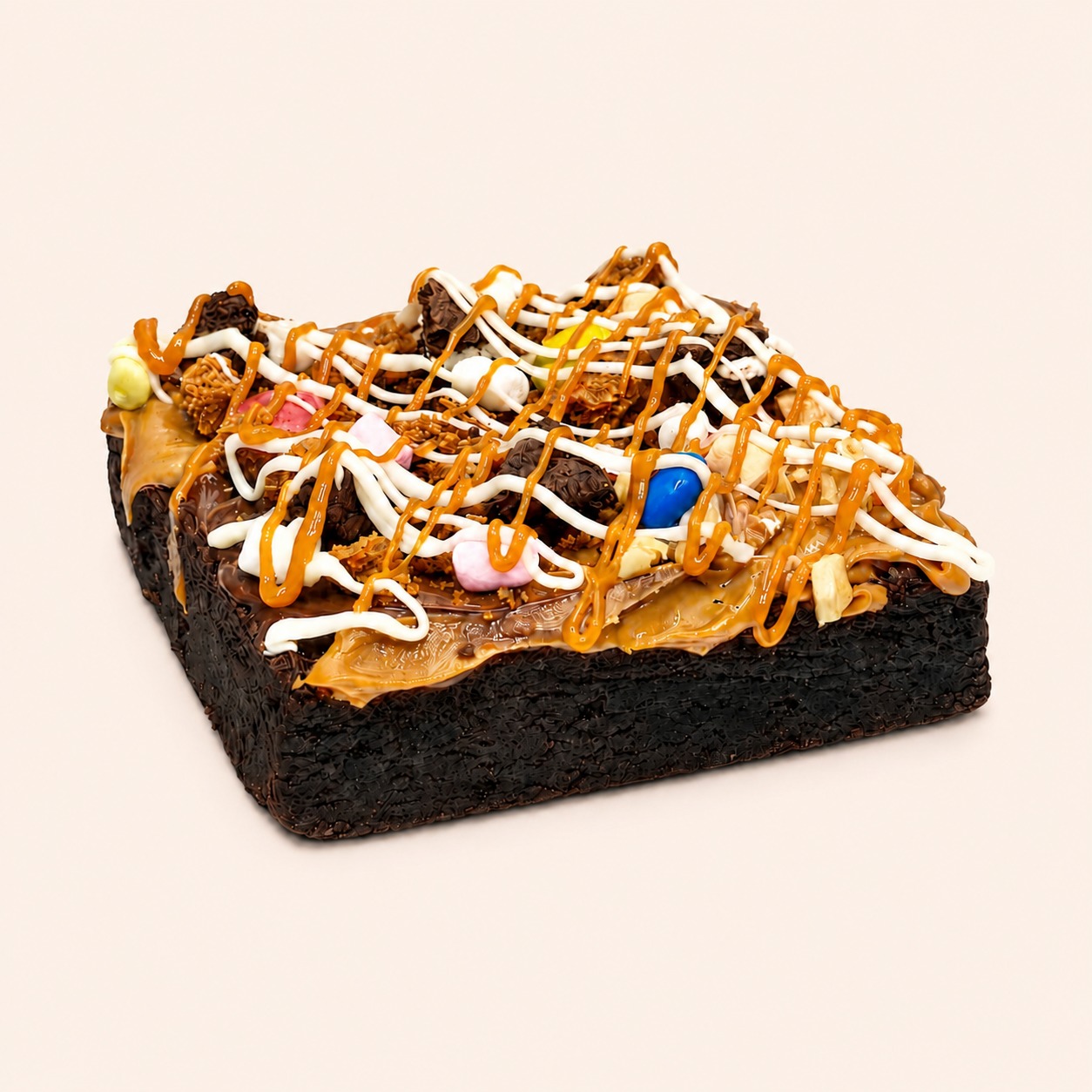 Loaded Brownie Rush with Nutella, peanut butter, Oreos, M&Ms, marshmallows, Biscoff, walnuts, white chocolate, and caramel sauce